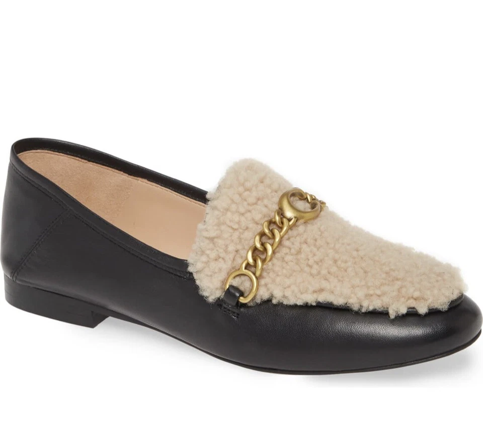 Mocasín convertible COACH Helena con adornos de piel de oveja genuina, negro, talla 6B, nuevo con caja