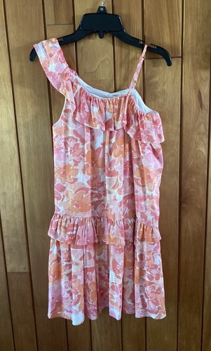 GB Girls Dress Pink Coral Linen Blend Lined One Shoulder Medium - Picture 2 of 5