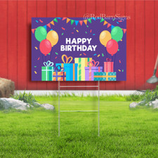 Happy Birthday balloons gifts purple background yard sign