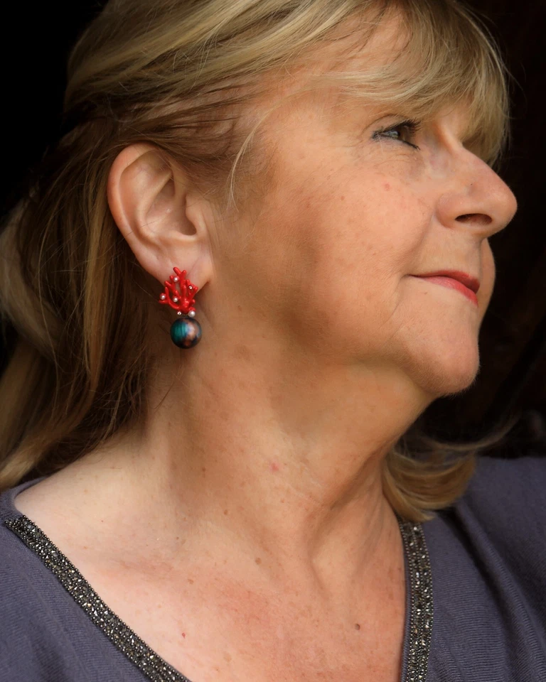 Clip Ohrringe Nicht Durchstochen Koralle Email Rot Harz Grün Blau DZ1 - Bild 2 von 4