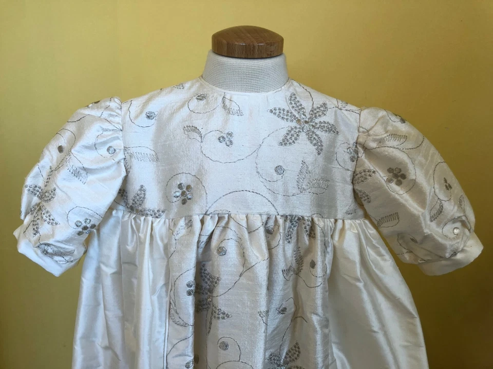 ivory/silver silk dupion Christening Gown . Hand made original one off - Image 2 of 4