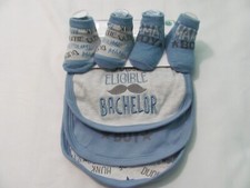 NEW 0-9 MO. BOY'S THEMED 5 PIECE BIBS SOCKS SET 3 BIBS 2 SOCKS