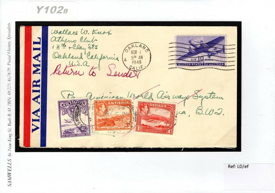 USA Air Mail Cover California Oakland ANTIGUA RETOUR Aviation 1946 Y102b - Image 3 of 4