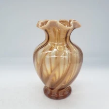 Fenton Art Glass Butterscotch / Caramel Stripe Scalloped Edge vase 6.5" T