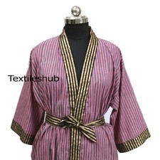 Indian Pure Cotton Pink Striped Printed Women's Kimono Robes Night Dress Gown US