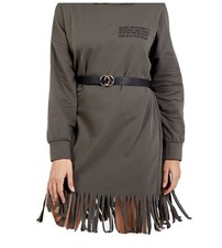 Slogan Fringe Hem Hooded Dress Khaki
