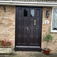Traditional Panelled Double Front Entrance Door, Brown, Clear Glazed, Handles
