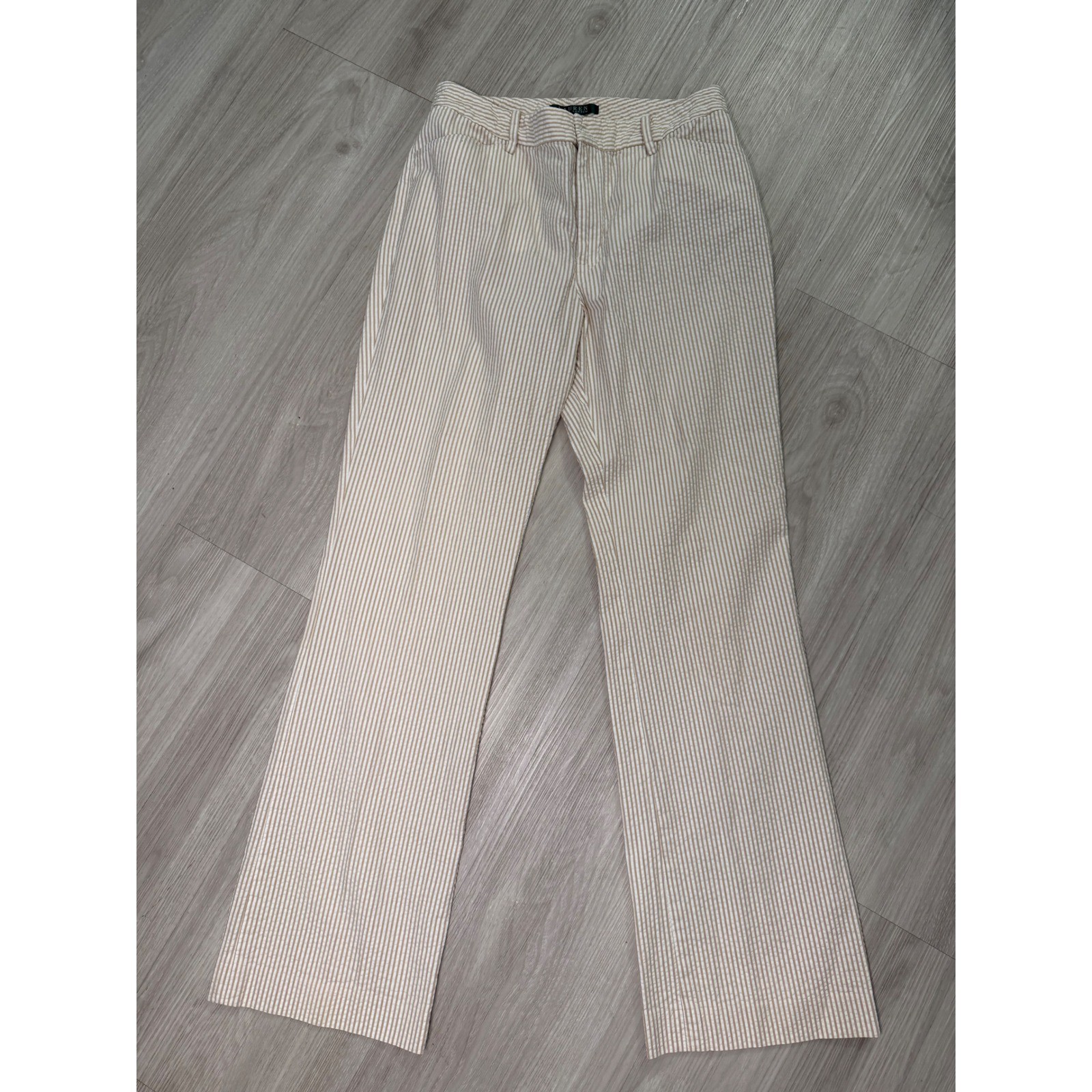 Lauren Ralph Lauren Tan White Striped Seersucker Cotton Straight Leg Pants Sz 4