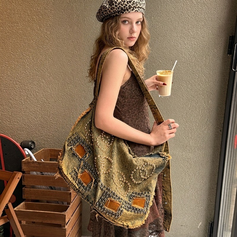 Vintage Distressed Denim Hobo Bag Women Rivet Studded Punk Shoulder Handbag