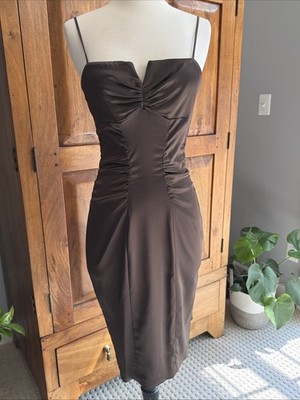 Vintage Y2K Cache Chocolate Brown Ruced Bodycon Cocktail Dress Size 6