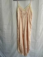 Vintage Barbizon Slip Night Gown Womens Blush Peach Satin Lace Trim Embroidered
