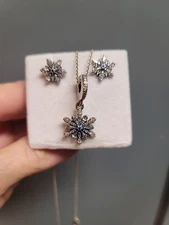 Pandora 925 Sterling Necklace With Crystalized Blue Snowflake Pendant/Earrings