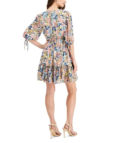 Taylor Women's Floral Print Smocked Waist A Line Dress White Size 4 Petite - Picture 2 of 3