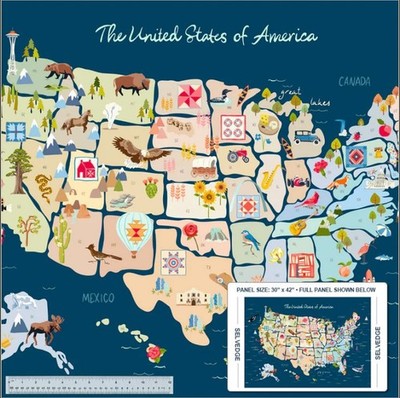 30'' X 42'' Panel Cross Country United States Map USA Navy Cotton Fabric D660.43