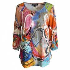 Claire Desjardins Sz M multi colored Abstract  3/4 sleeve Artsy Shirt Top