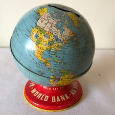 Tin Lithograph World Globe Coin Bank by Ohio Art Company Vintage 50's