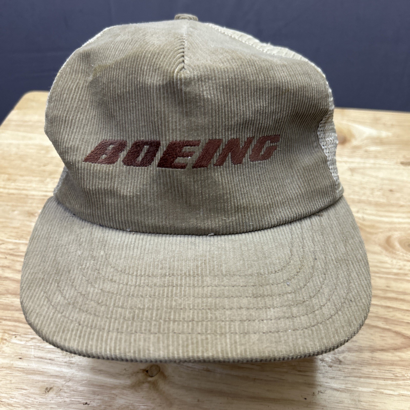 Vintage Boeing Corduroy SnapBack Hat Trucker Mesh Back 80s Made In USA