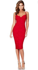Nookie Red Lace Midi Dress - Paris Scalloped Detail - XS - Iconic Bodycon Fit