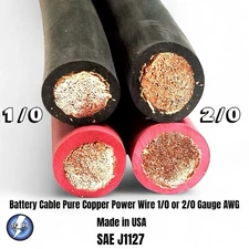 Battery Cable Pure Copper Power Wire 1/0 or 2/0 Gauge AWG Made in USA SAE J1127