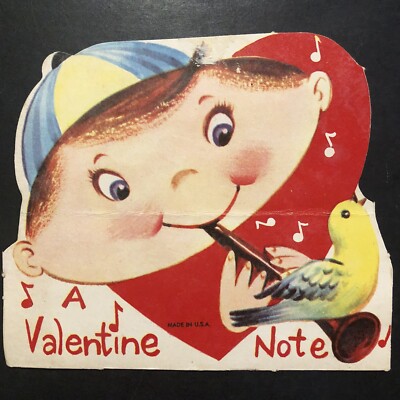 Vtg Valentine DieCut Card Adorable Boy Blue Yellow Cap Playing Flute Yellow Bird