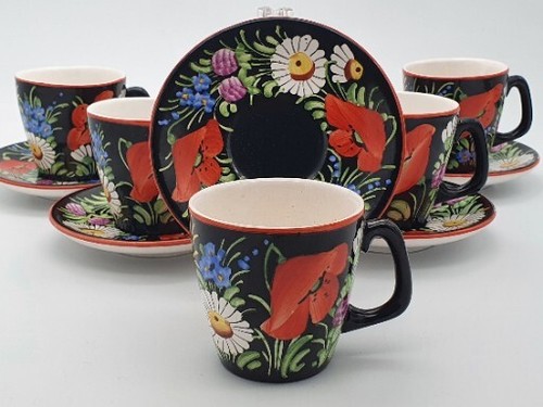 Vintage 1930er Chodovia slowakisches Kaffeeset Blumenmuster schwarz Topf Tassen Porzellan - Bild 9 von 24