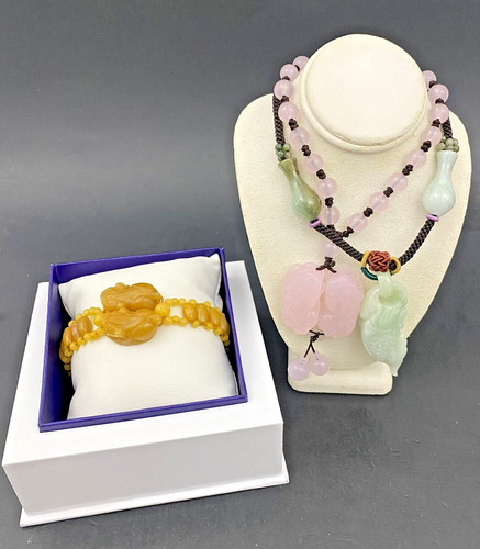 Tan Jade, Green Jade & Rose Quartz, 2 Vintage Oriental Necklaces & Bracelet