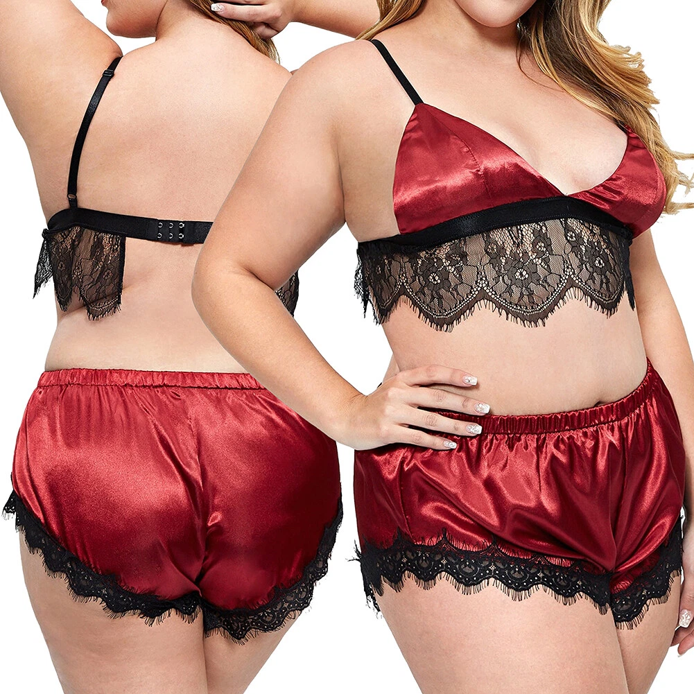 Plus Size Womens Satin Nightwear Lace Trim Bra Top Sissy Shorts of