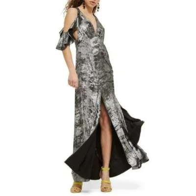 Topshop Maxi Dress Long Women's Size 6 Metallic Gray Cold Shoulder V Neck |  eBay