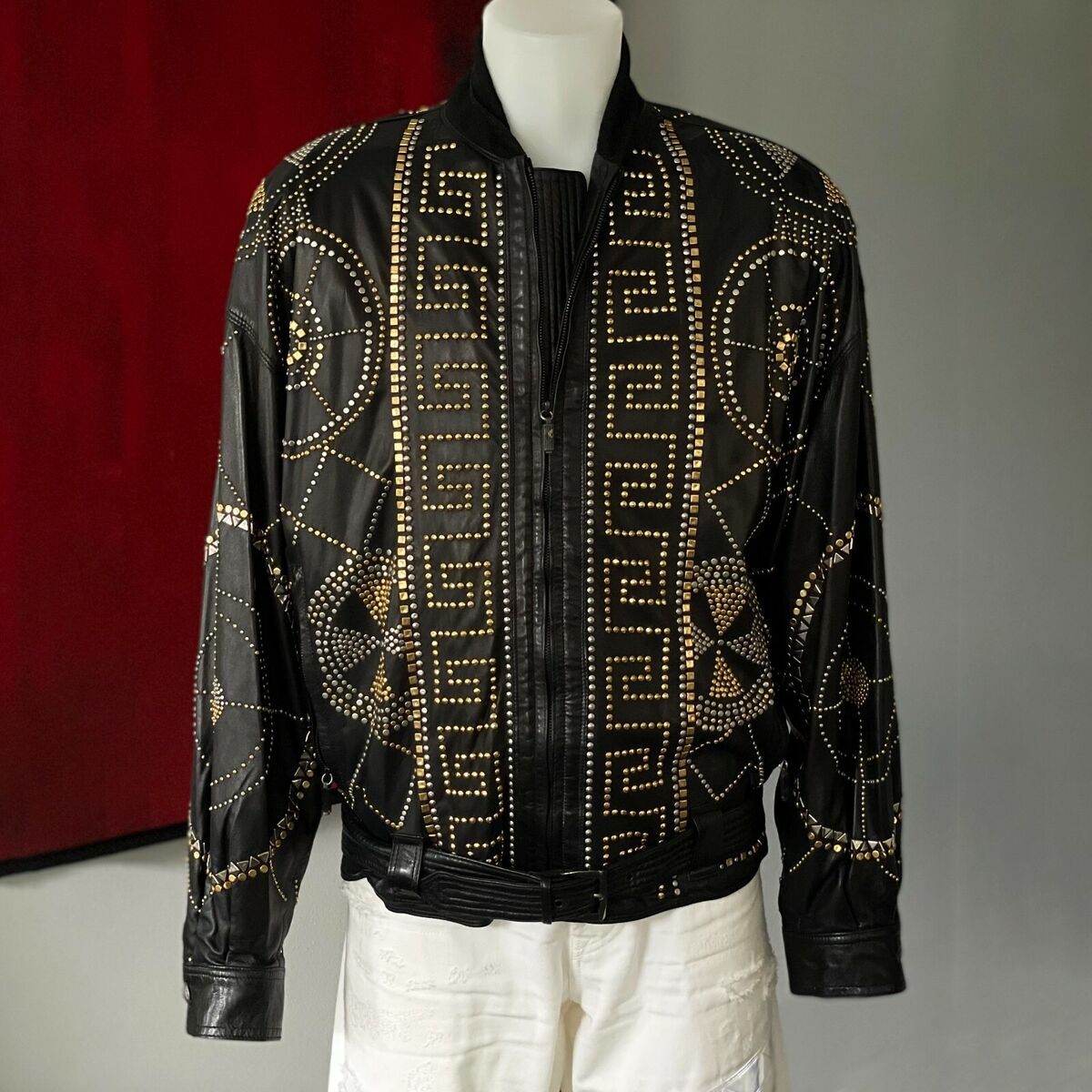 GIANNI VERSACE Black Leather Jacket with Greek Key Studded GIANNI VERSACE Black Leather Jacket with Greek Key Studded