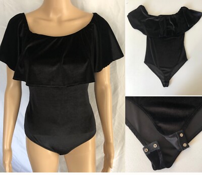 Lavender Field Black Stretch Velour Body Suit Sz L NWT On/Off Shoulder Ruffle