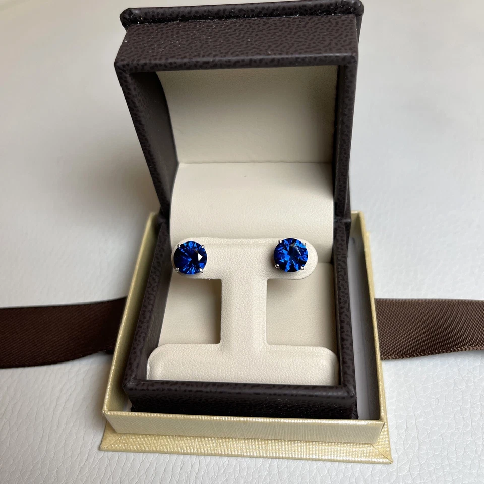 4 Pendientes Tachuelas Redondas de Zafiro TCW Hechos por el Hombre 14k Sólido Dios Tornillo Empujar Foto 2 de 4