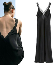 ZARA LONG BLACK DRESS V NECK LACE CAMISOLE SLEEVELESS MAXI DRESS SIZE M NEW