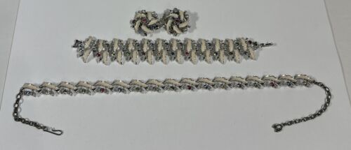 Vintage 50er Jahre PAT PEND silberfarben Strass Halskette Armband Ohrringe Set - Bild 1 von 6