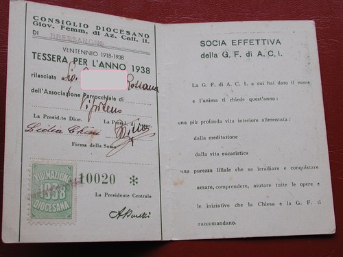 ORIGINAL FASCIST CARD TESSERA AZIONE CATTOLICA ITALIANA GIOVENTU' FEMMINILE 1938 - Picture 2 of 2
