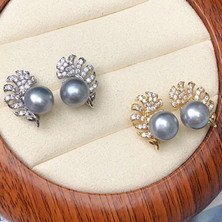 2 Pairs 8-9mm Pearl Beads Inlay Feather White &Yellow/Gold GP Stud Earrings AAA - Image 4 of 4