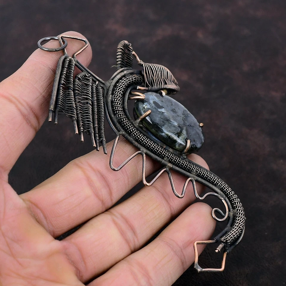 Colgante dragón envuelto en alambre de cobre joyería piedras preciosas larvikita para niñas 4,49" Foto 4 de 4