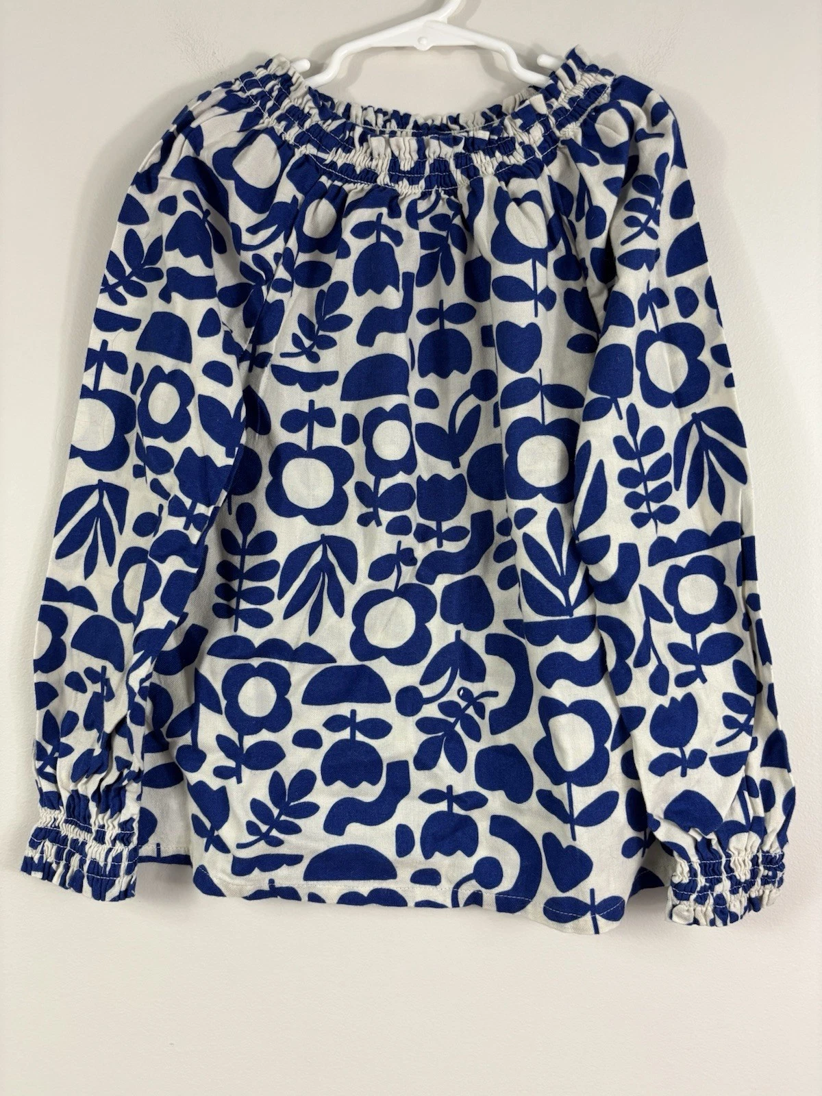 Hanna Andersson Top 130 8 Navy Blue White Stretchy Smocked Neck Long Sleeve