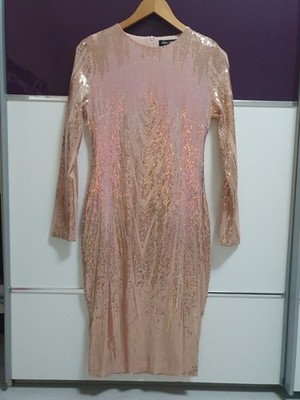 Abend Fest Kleid Pailletten Gold Beige Gr. M