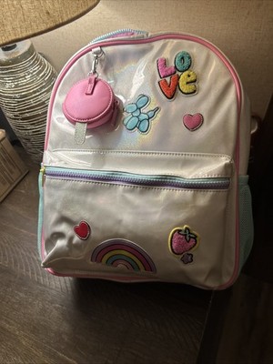 NWT Sparkly White Girls Bookbag with cute patches and coin purse 