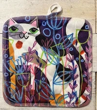 Calico Cat with abstract flowers hand pressed potholder by Jenny Elkins