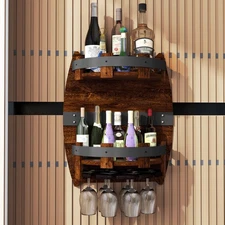 Whiskey Barrel Shelf Wall Mounted, Vintage Wine Rack with Glass Holder, Woode...