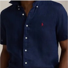 R1-32 NWT Mens Size M Polo Ralph Lauren Short-Sleeve Linen Button-Up NAVY 125