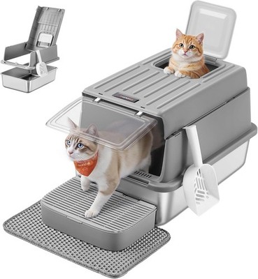 Steel Cat Litter Box with Flip Lid, Litter Catcher Mat and Box, 2 Doors, Scoop