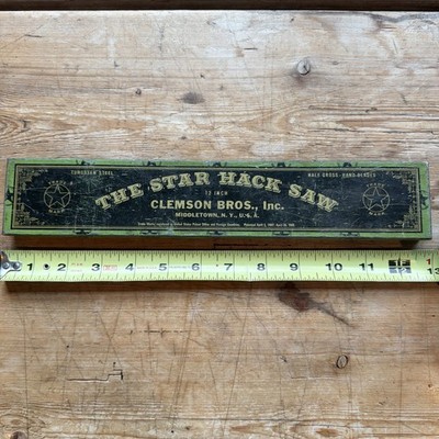 1940s Vintage Clemson Bros Inc The Star Hack Saw Tungsten Steel Tin Box TB1163