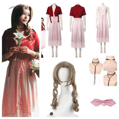 Final Fantasy VII Aerith Gainsborough Cosplay Costume Necklace+Wig+Bowknot set