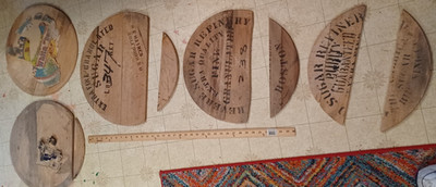 Five Partial Antique WOODEN BARREL ENDS, SOME WITH ADVERTISING! Great for Decor!