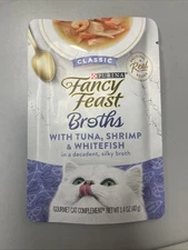Purina Cat Food Fancy Feast Broths w/ Tuna Shrimp & Whitefish 1.4 oz. 4 Pouches