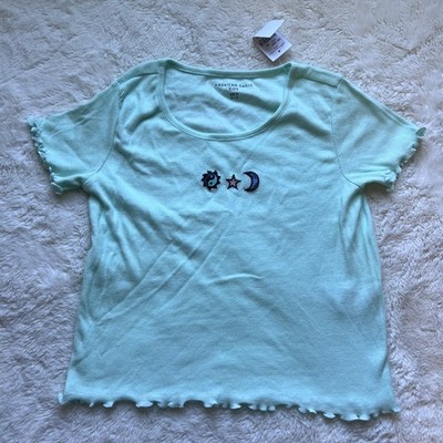 American Eagle Kids Girls Mint Green Ribbed Celestial Sun Moon Star Tee Size 12