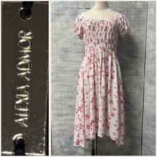 Alexia Admor White Pink Floral Smocked Puff Sleeve Midi Dress Size 8