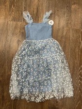 NWT Girls Blue Tulle Floral Dress Smocked Bodice Ruffle Strap Party Size 8